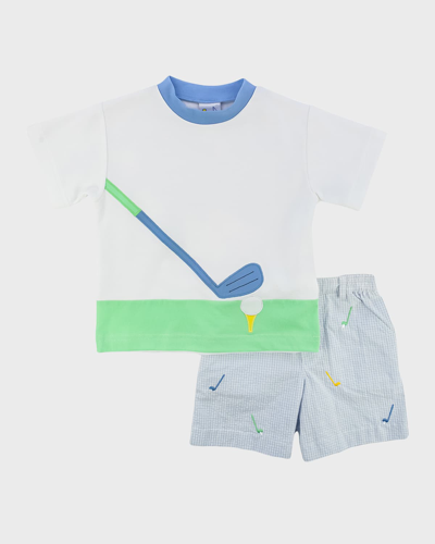 Shop Florence Eiseman Boy's Seersucker Shorts W/ Golf Club T-shirt In Multi