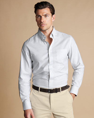 Shop Charles Tyrwhitt Men's  Button-down Collar Non-iron Stretch Stripe Oxford Casual Shirt In Grey