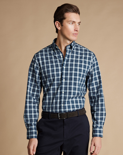Shop Charles Tyrwhitt Men's  Button-down Collar Non-iron Stretch Poplin Check Casual Shirt In Blue
