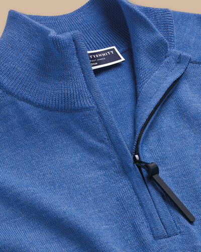 Shop Charles Tyrwhitt Men's  Performance Merino Zip Neck Sweater In Blue
