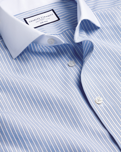 Shop Charles Tyrwhitt Men's  Cutaway Collar Non-iron Poplin Winchester Guard Stripe Dress Shirt In Blue