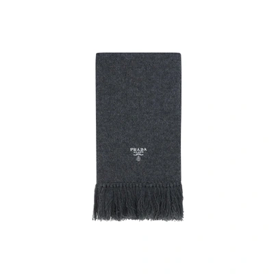 Prada Cashmere Logo Scarf In Gray