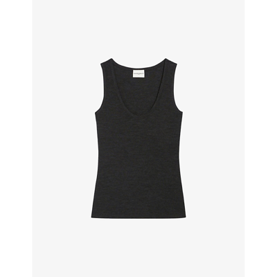 Shop Claudie Pierlot Womens Noir / Gris Scoop-neck Sleeveless Cotton T-shirt