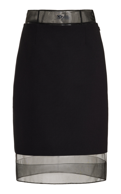 Shop Prada Layered Mesh And Wool Midi Skirt In Black
