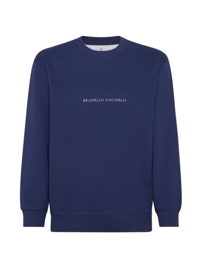 Shop Brunello Cucinelli Men's Techno Cotton French Terry Sweatshirt With Embroidery In Night