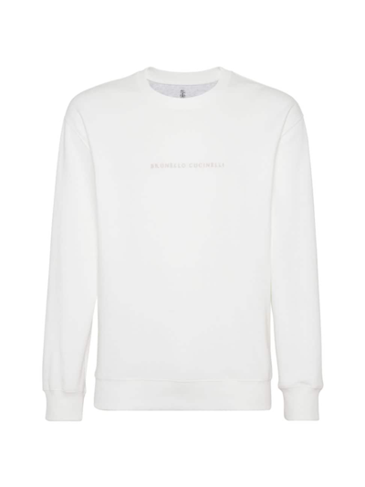 Shop Brunello Cucinelli Men's Techno Cotton French Terry Sweatshirt With Embroidery In Off White