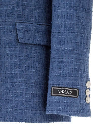 Shop Versace Bouclè Tweed Blazer In Blue