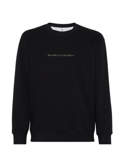 Shop Brunello Cucinelli Men's Techno Cotton French Terry Sweatshirt With Embroidery In Black