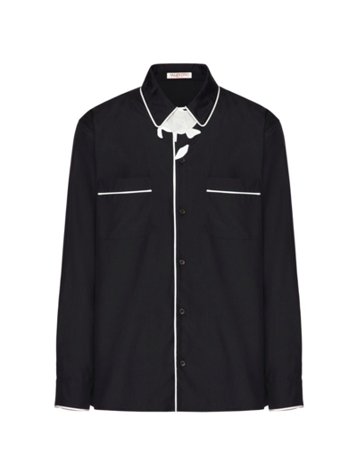Shop Valentino Men's Silk Poplin Pajama Shirt With Flower Embroidery In Black
