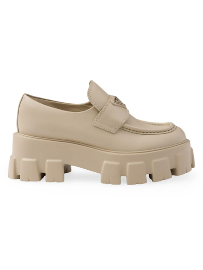 Shop Prada Women's Brushed Leather Monolith Loafers In Beige