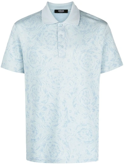 Shop Versace Blue Barocco Polo Shirt In White