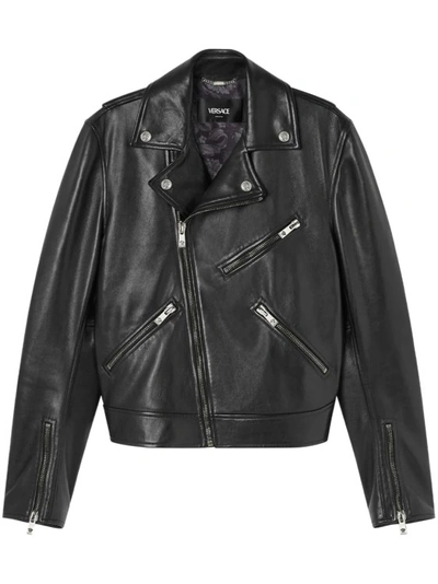 Shop Versace Black Diagonal Zip Biker Jacket
