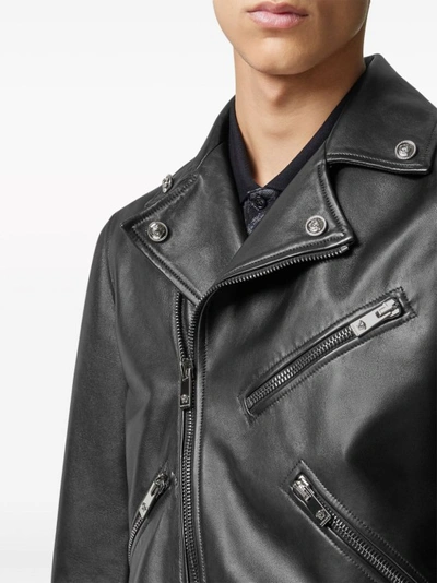 Shop Versace Black Diagonal Zip Biker Jacket