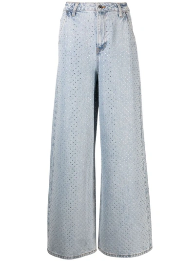 Shop Self-portrait Blue Rhinestone Denim Pants In Grey
