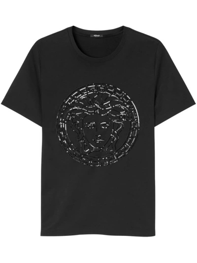 Shop Versace Black Embellished Medusa T-shirt