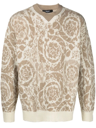 Shop Versace Beige Barocco Knit Sweater In Neutrals