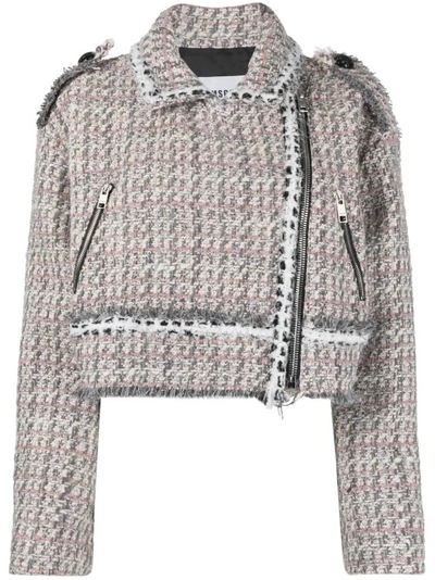 Shop Msgm Multi-colored Tweed Biker Jacket In Grey