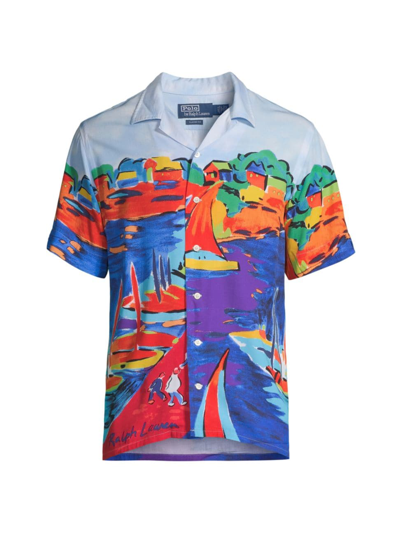 Shop Polo Ralph Lauren Men's Paint Sailboat Short-sleeve Sport Shirt In Blue