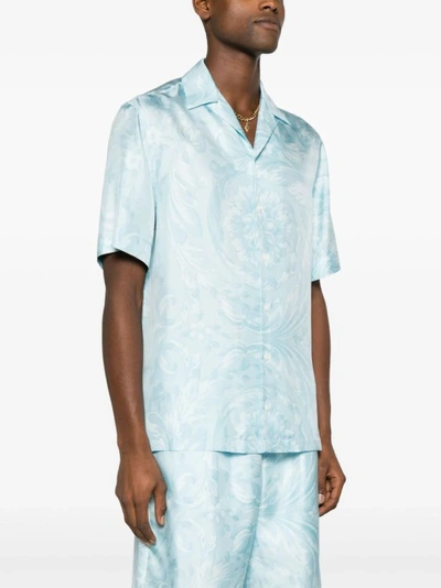 Shop Versace Blue Barocco Shirt In White