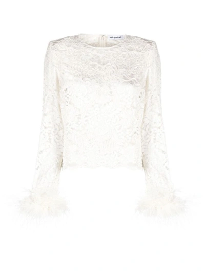 Shop Self-portrait Ecru Lace Feather Blouse In White