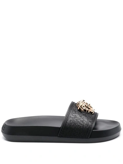 Shop Versace Black Palazzo Slippers In Grey