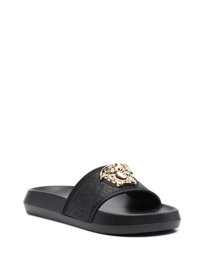Shop Versace Black Palazzo Slippers In Grey