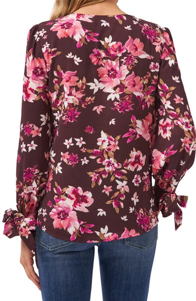 Cece Long Sleeve V-neck Top In Floral Display Rich Cabernet