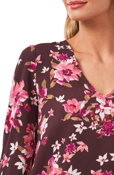 Cece Long Sleeve V-neck Top In Floral Display Rich Cabernet