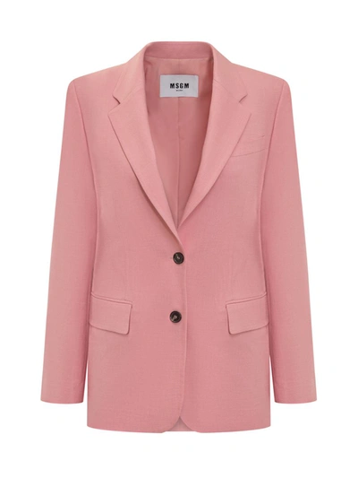 Msgm Wool Suiting Jacket In Pink Virgin Wool With Jewelled Applications In Pink