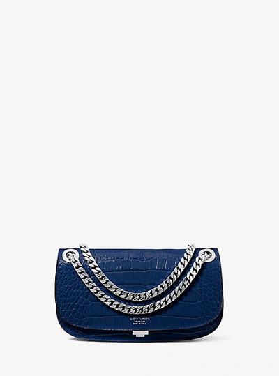 Shop Michael Kors Christie Mini Crocodile Embossed Leather Envelope Bag In Blue