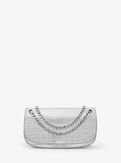 Shop Michael Kors Christie Mini Crocodile Embossed Leather Envelope Bag In Silver