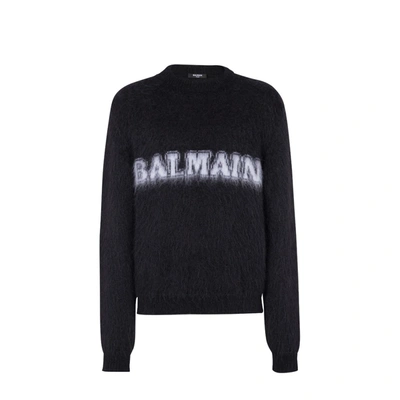Balmain Black Crewneck Sweater With Maxi Logo Lettering On The Front And Brushed Effect In Wool Blen In Black