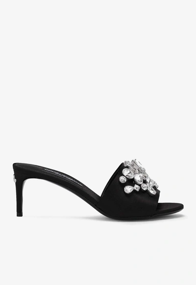 Shop Dolce & Gabbana 60 Crystal-embellished Satin Mules In Black