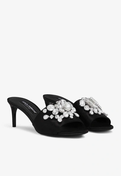 Shop Dolce & Gabbana 60 Crystal-embellished Satin Mules In Black