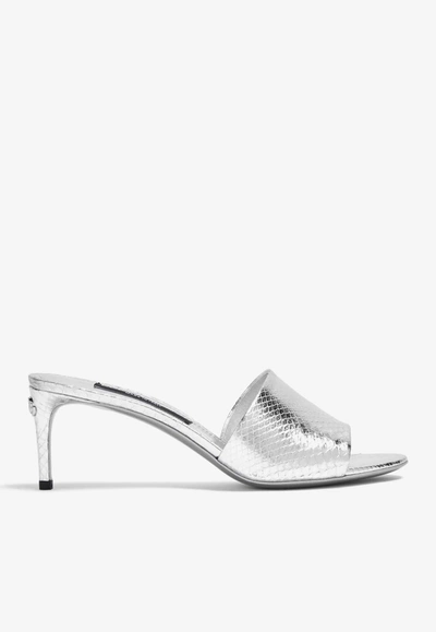 Shop Dolce & Gabbana 70 Crocodile-effect Leather Mules In Silver