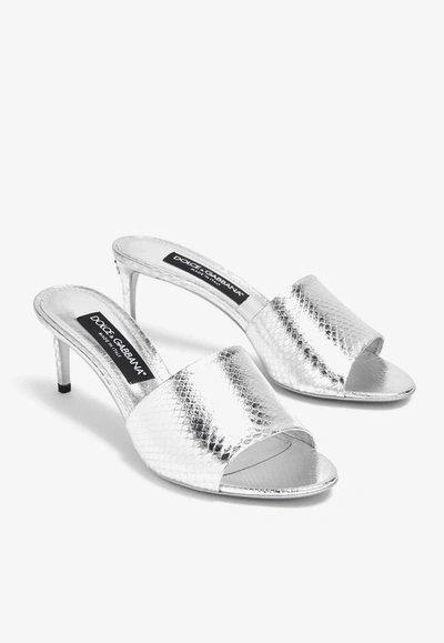 Dolce & Gabbana 70 Crocodile-effect Leather Mules In Silver