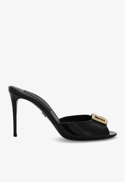 Shop Dolce & Gabbana 85 Logo Plaque Patent Leather Sandals In Black