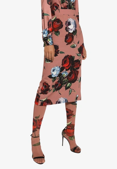 Dolce & Gabbana Rose-print Pencil Skirt In Pink