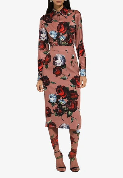 Dolce & Gabbana Rose-print Pencil Skirt In Pink