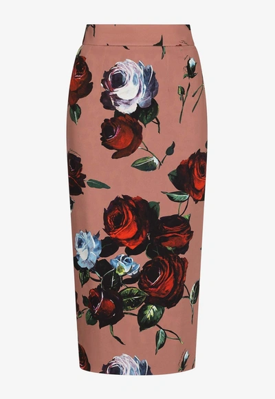 Dolce & Gabbana Rose-print Pencil Skirt In Pink