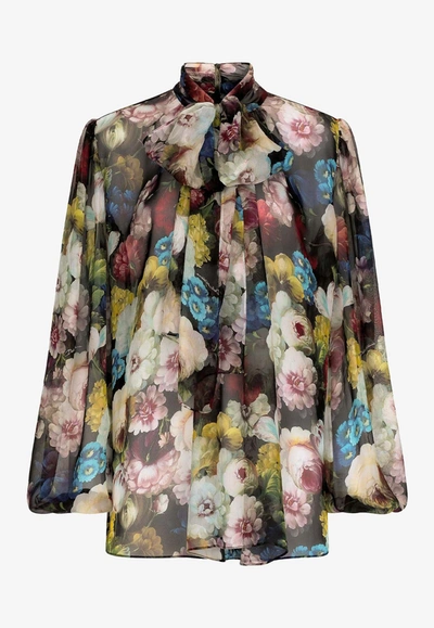 Shop Dolce & Gabbana All-over Floral-patterned Pussy-bow Blouse In Black