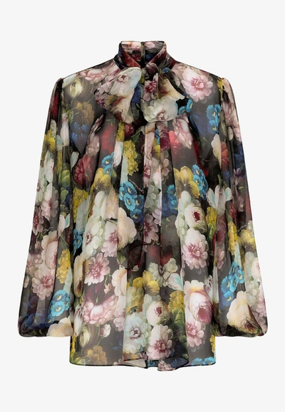 Dolce & Gabbana Floral Silk Chiffon Blouse In Black