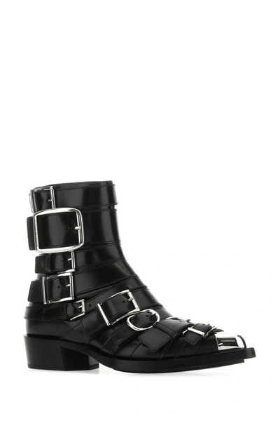 Shop Alexander Mcqueen Woman Black Leather Punk Ankle Boots
