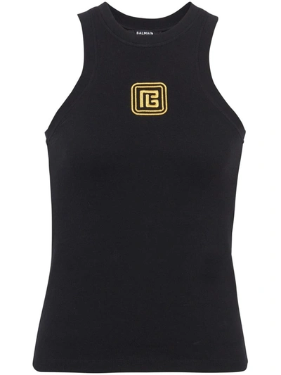 Shop Balmain Tank Top With Embroidery In Black