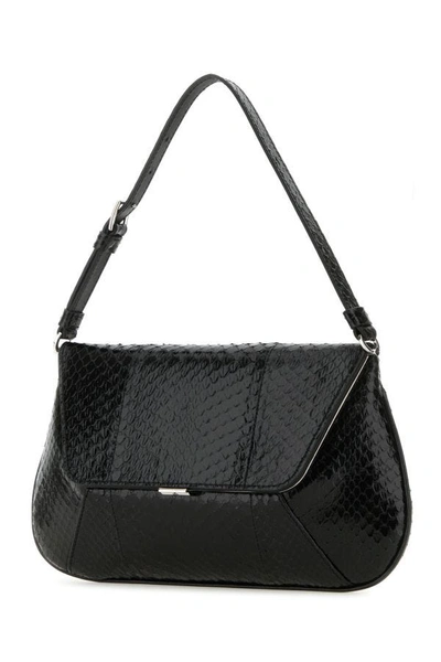 Amina Muaddi Leather Handbag With Curved Base And Reptile Motif Embossing In Black