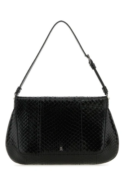 Amina Muaddi Leather Handbag With Curved Base And Reptile Motif Embossing In Black
