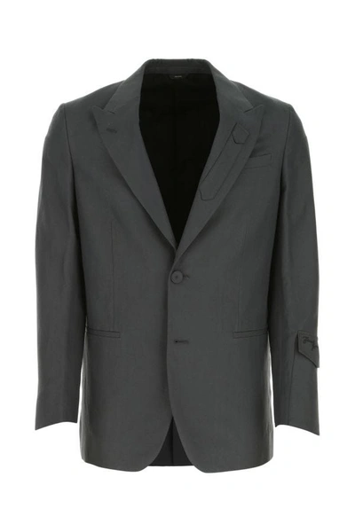 Shop Fendi Man Dark Grey Linen Blend Blazer In Gray