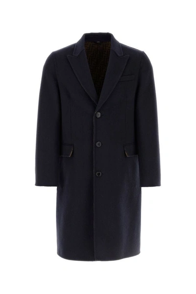 Shop Fendi Man Navy Blue Wool Blend Coat
