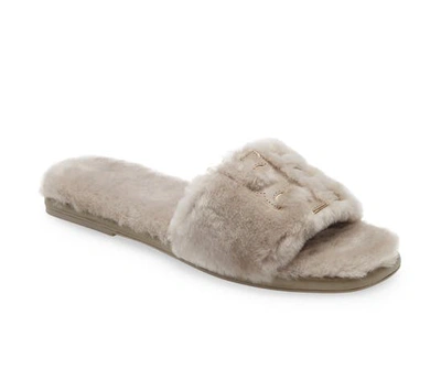 Pre-owned Tory Burch Double T Shearling Fur Slide Gray Heron 6.5 7 7.5 8 8.5 9 Authntc