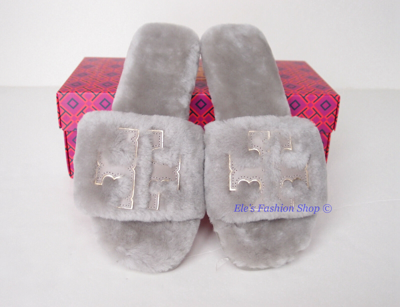 Pre-owned Tory Burch Double T Shearling Fur Slide Gray Heron 6.5 7 7.5 8 8.5 9 Authntc